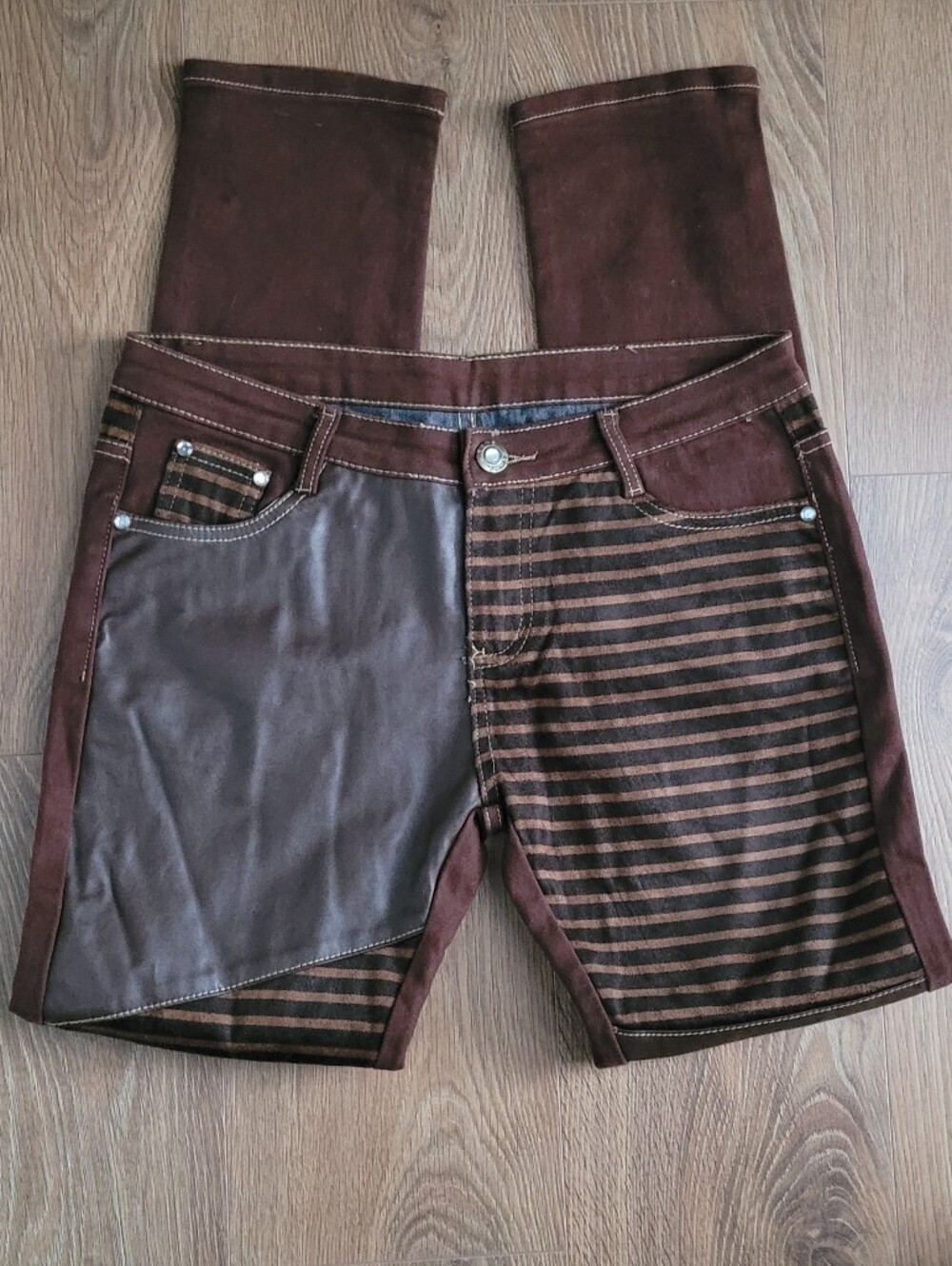 Brown Striped Jeans Pants with Faux Leather Panel
